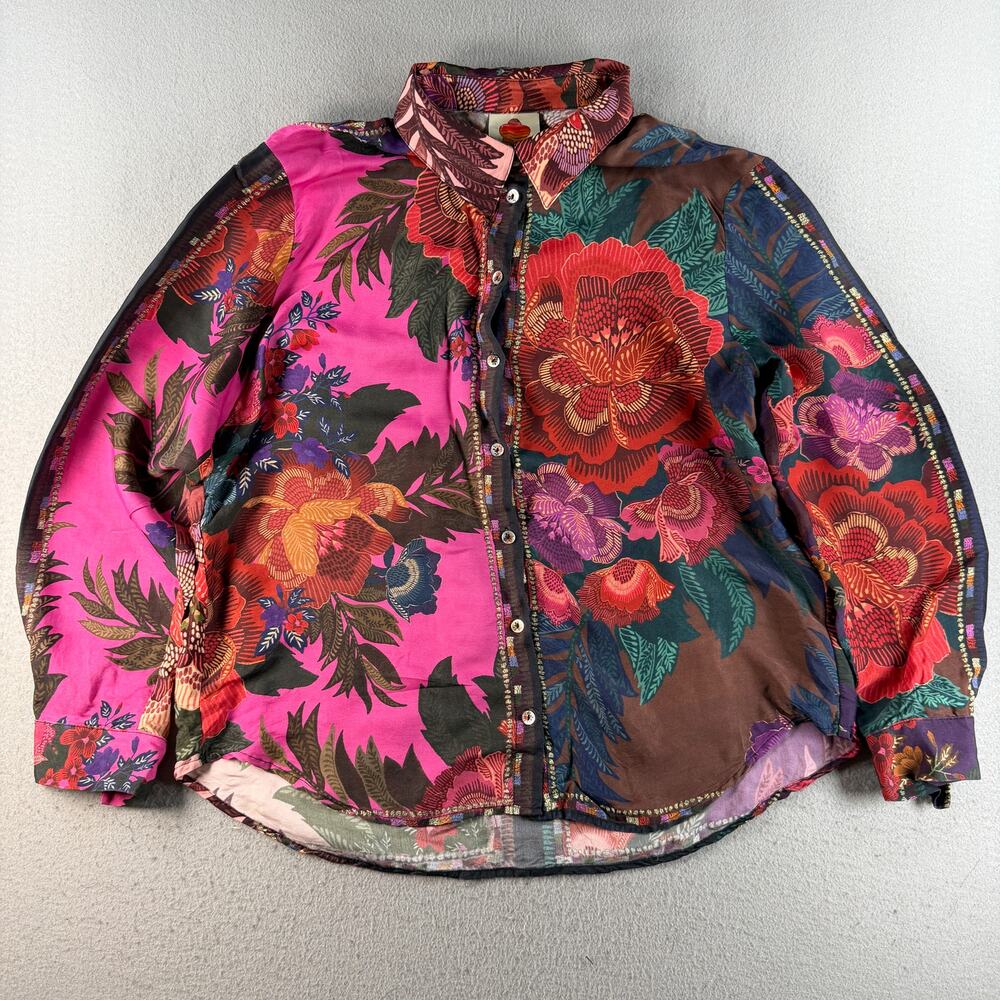 FARM Rio Women's L Floral Patchwork Button Down Shirt Multicolor Long Sleeve